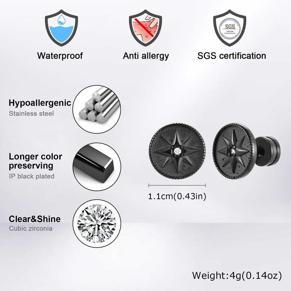 Nautical Compass Star Stud Earring for Men Boys,Black Circle Compass with White Zirco lifestyle view