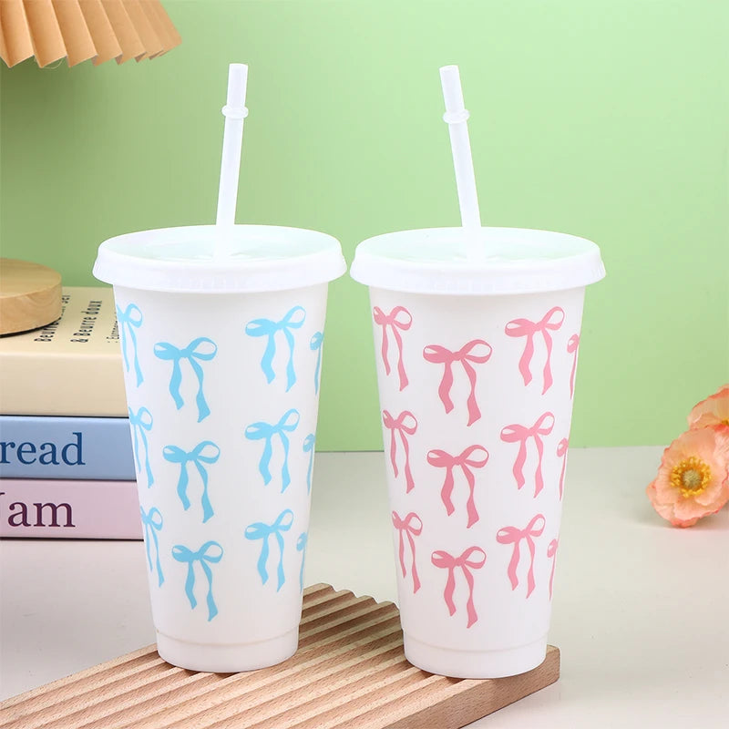 710ml Bow Reusable Party Cups With Straw Lid Coffee Juice Tea Cute Tumbler With Straw lifestyle view