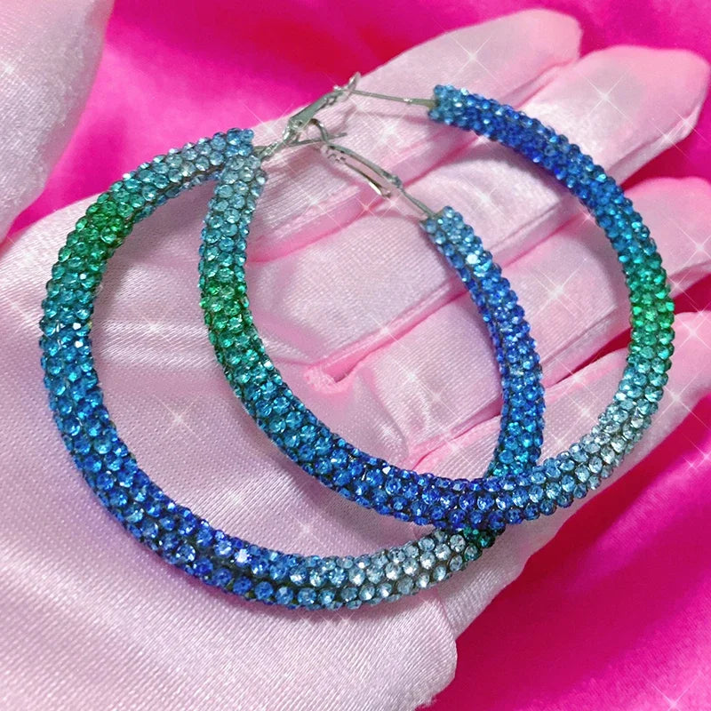 Y2K Blue Crystal Hoop Earrings Korean Fashion Charms Circular Ring Earrings for Women Punk Jewelry S