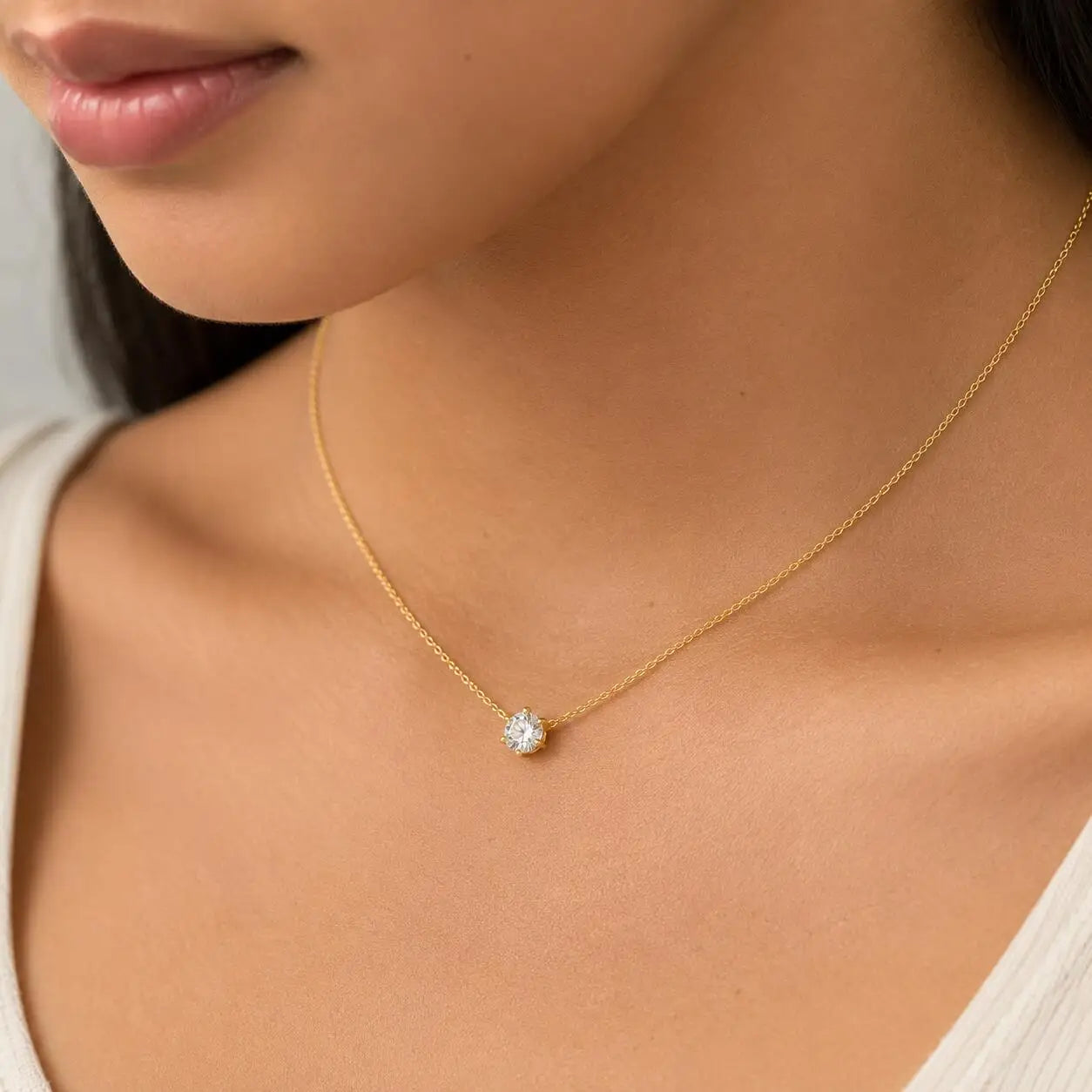 Minimalist Solitaire Zircon Choker Necklace, Crystal Pendant, 18K Gold Plated Stainless Steel Clavic