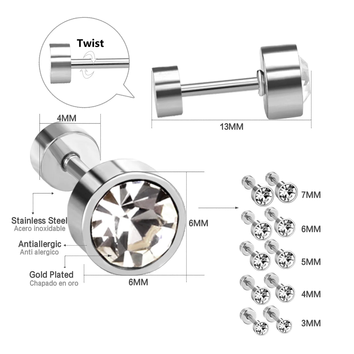 LUXUSTEEL 3mm-7mm Black White CZ Zircon Stud Earrings | Screw Back Stainless Steel No alternate view