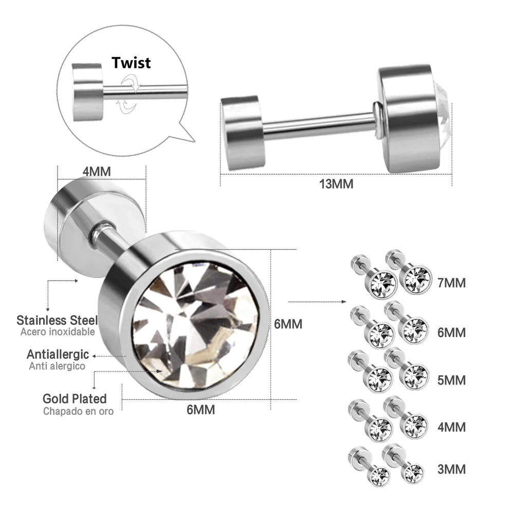 LUXUSTEEL 3mm-7mm Black White CZ Zircon Stud Earrings | Screw Back Stainless Steel No alternate view