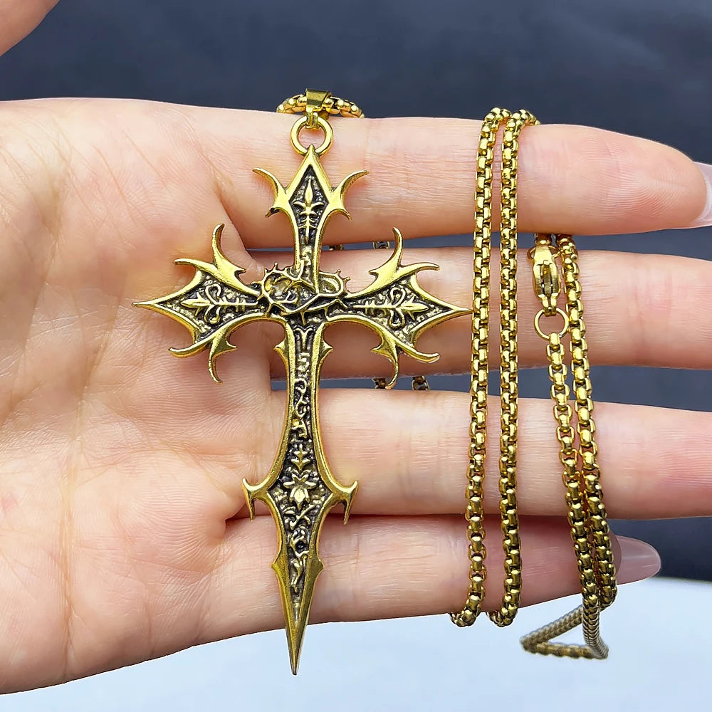 Gothic Double Sided Cross Pendant Necklace | Niche Hip Hop Punk Jewelry additional angle