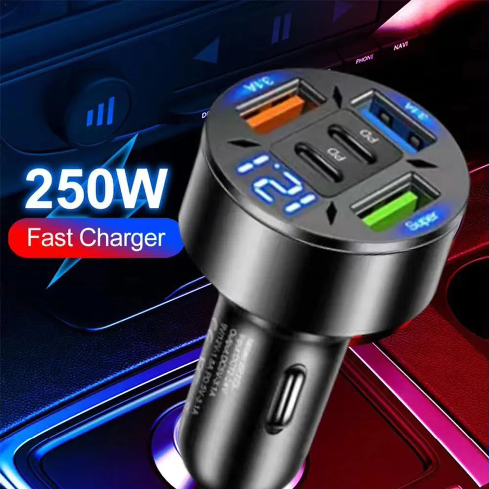 250W Car Charger USB C Fast Charging PD QC3.0 Adapter With LED Light