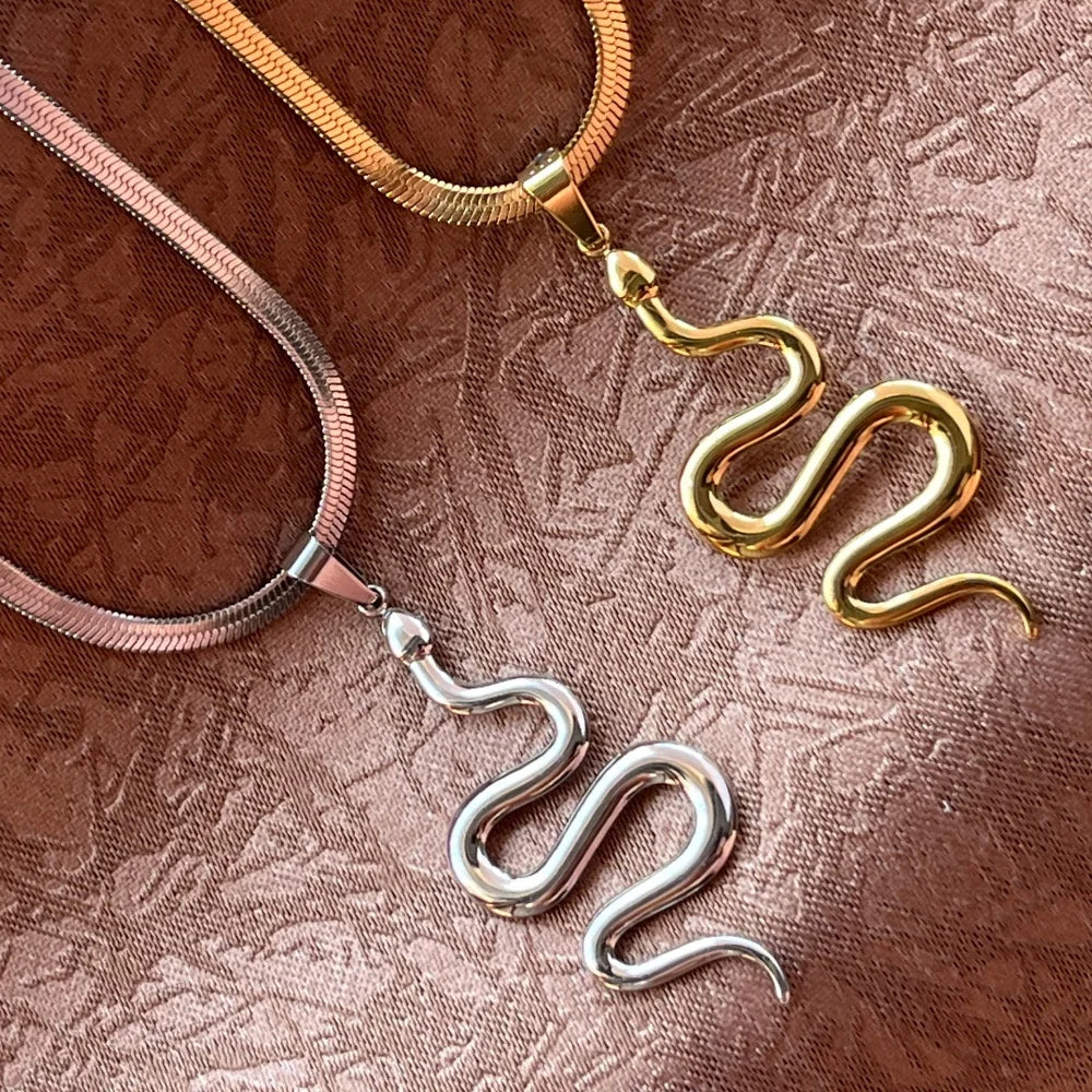 Flat Snake Chain Snake Pendant Necklace | Stainless Steel Choker Jewelry for Women alternate view