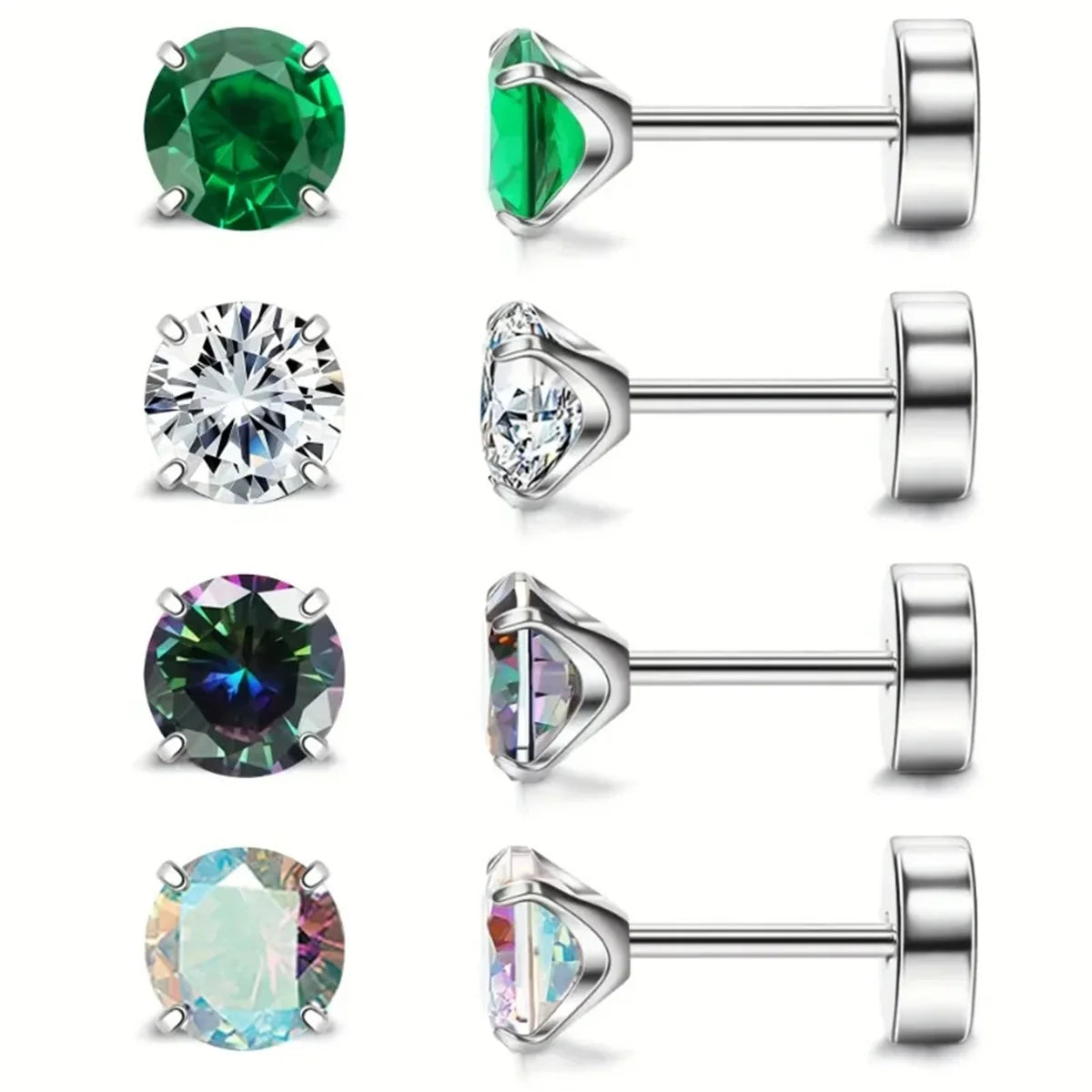 8 Pcs 20G Hypoallergenic Sparkly Cubic Zirconia Flatback Earring For Women Men, 316L Stainless Steel