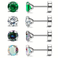 8 Pcs 20G Hypoallergenic Sparkly Cubic Zirconia Flatback Earring For Women Men, 316L Stainless Steel