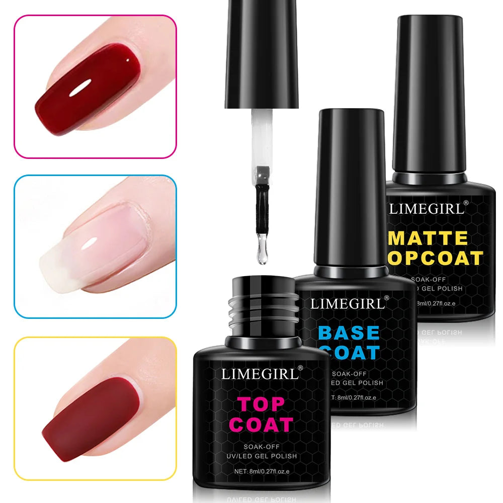LIMEGIRL 8ml Soak Off Matte Top Base Coat for Nails UV Gel Polish Semi Permanent Functional Manicure