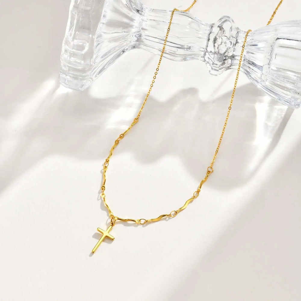 Minimalist Stainless Steel Cross Pendant Necklace, Non-fading Gold Plated Wave Chain Cha detail view