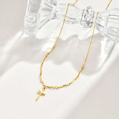 Minimalist Stainless Steel Cross Pendant Necklace, Non-fading Gold Plated Wave Chain Cha detail view