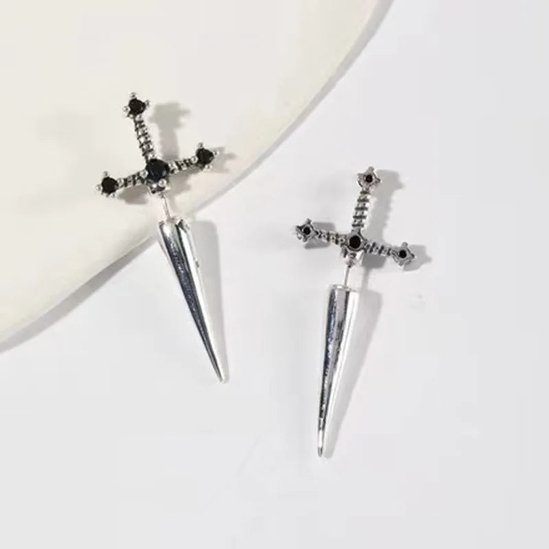 Gothic Kinitial Sword Earrings Vintage Cool Punk Crystal Ear Jacket Goth Dagger Earrin close-up view