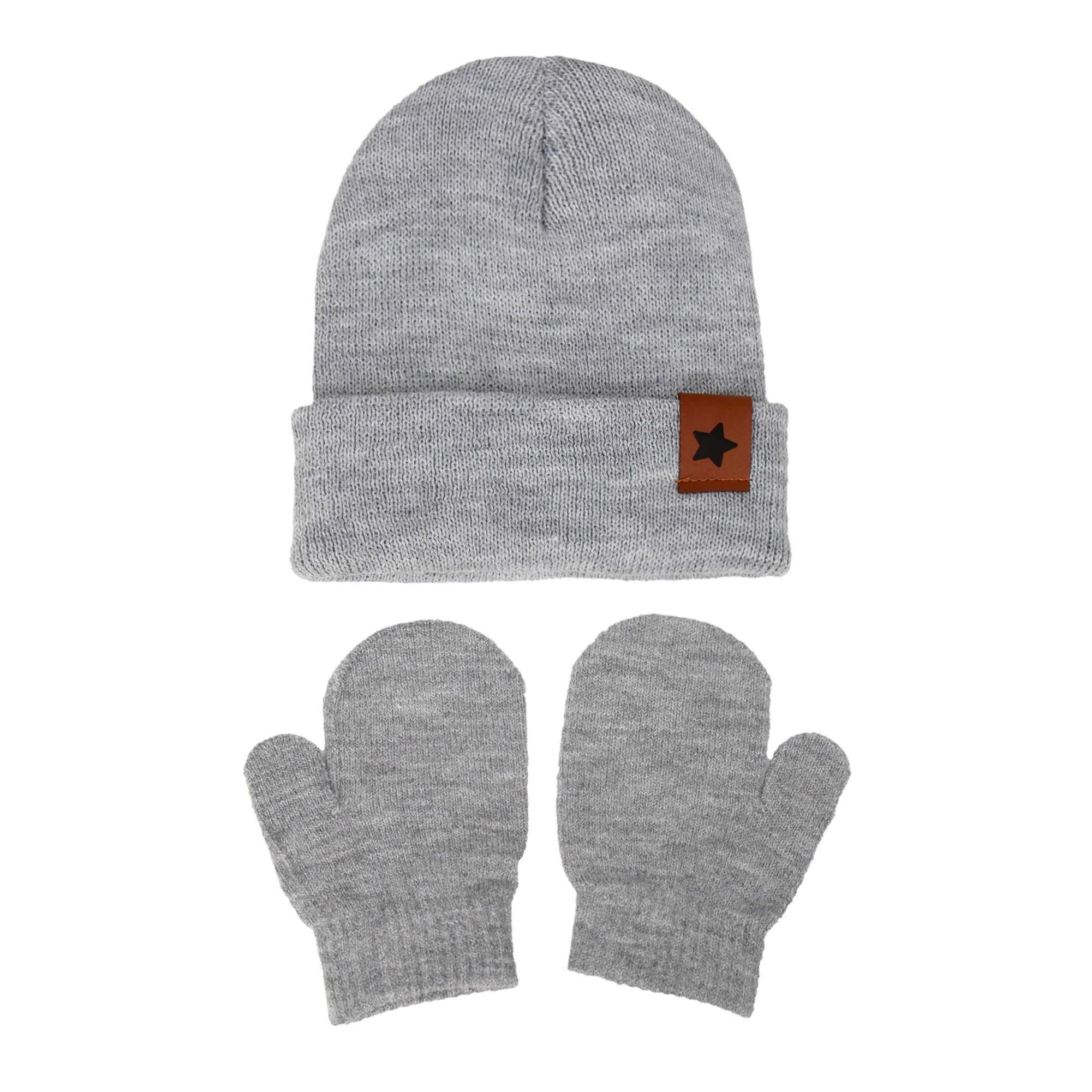 Baby Knitted Hat and Glove Set | Solid Winter Turban with Leather Star Tag detail view