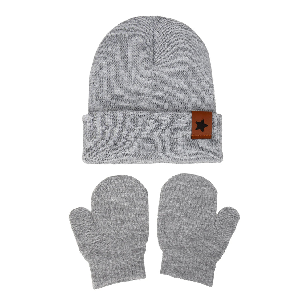 Baby Knitted Hat and Glove Set | Solid Winter Turban with Leather Star Tag detail view