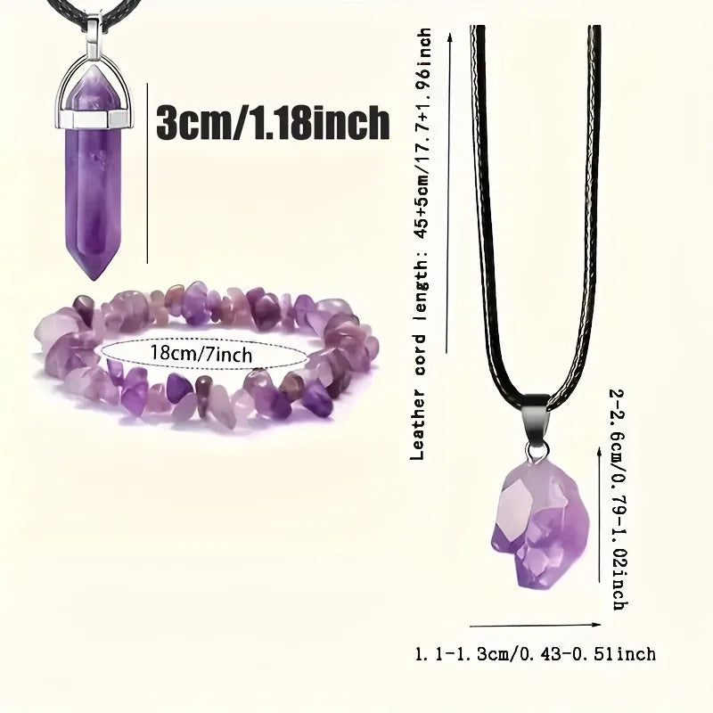 3Pcs Natural Amethyst Jewelry Set Irregular Chip Bracelet Raw Crystal Pendant Hexagona close-up view