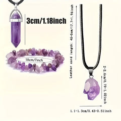3Pcs Natural Amethyst Jewelry Set Irregular Chip Bracelet Raw Crystal Pendant Hexagona close-up view