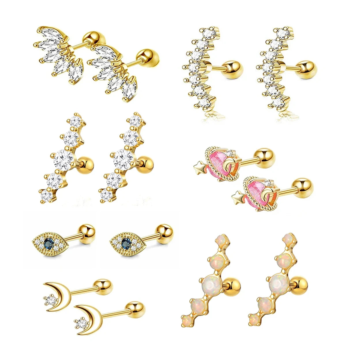 2pcs Hypoallergenic Stainless Steel Cartilage Stud Earrings,Eye Flame Moon Barbell Ba alternate view
