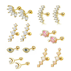 2pcs Hypoallergenic Stainless Steel Cartilage Stud Earrings,Eye Flame Moon Barbell Ba alternate view