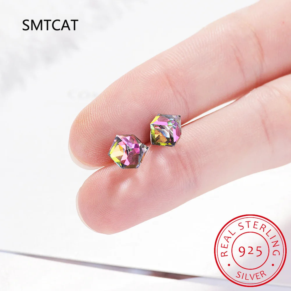 Cube 1.2ct Natural Sky Blue Topaz 925 Sterling Silver Geometric Stud Earrings for Wom lifestyle view
