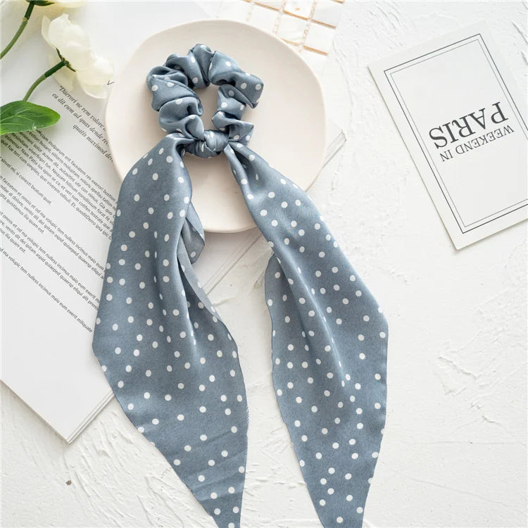 Fashion Leopard Print Bow Satin Long Ribbon Ponytail Scarf Hair Tie Scrunchies Women Gir detail view