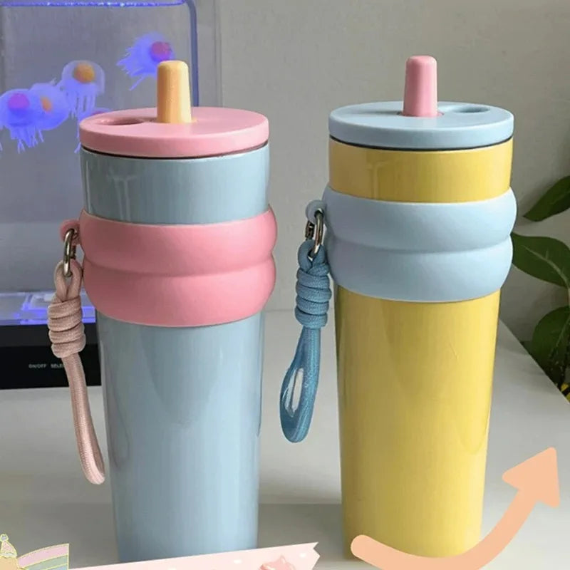 24oz Portability Tumbler with Handle Straw Lid Large Volume Stainless Steel Vacuum additional angle