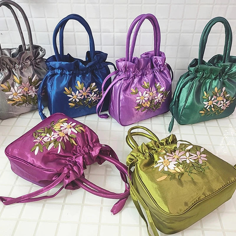 Small Embroidered Flower Bucket Bag | Women's Top Handle Drawstring Purse alternate view