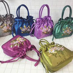 Small Embroidered Flower Bucket Bag | Women's Top Handle Drawstring Purse alternate view