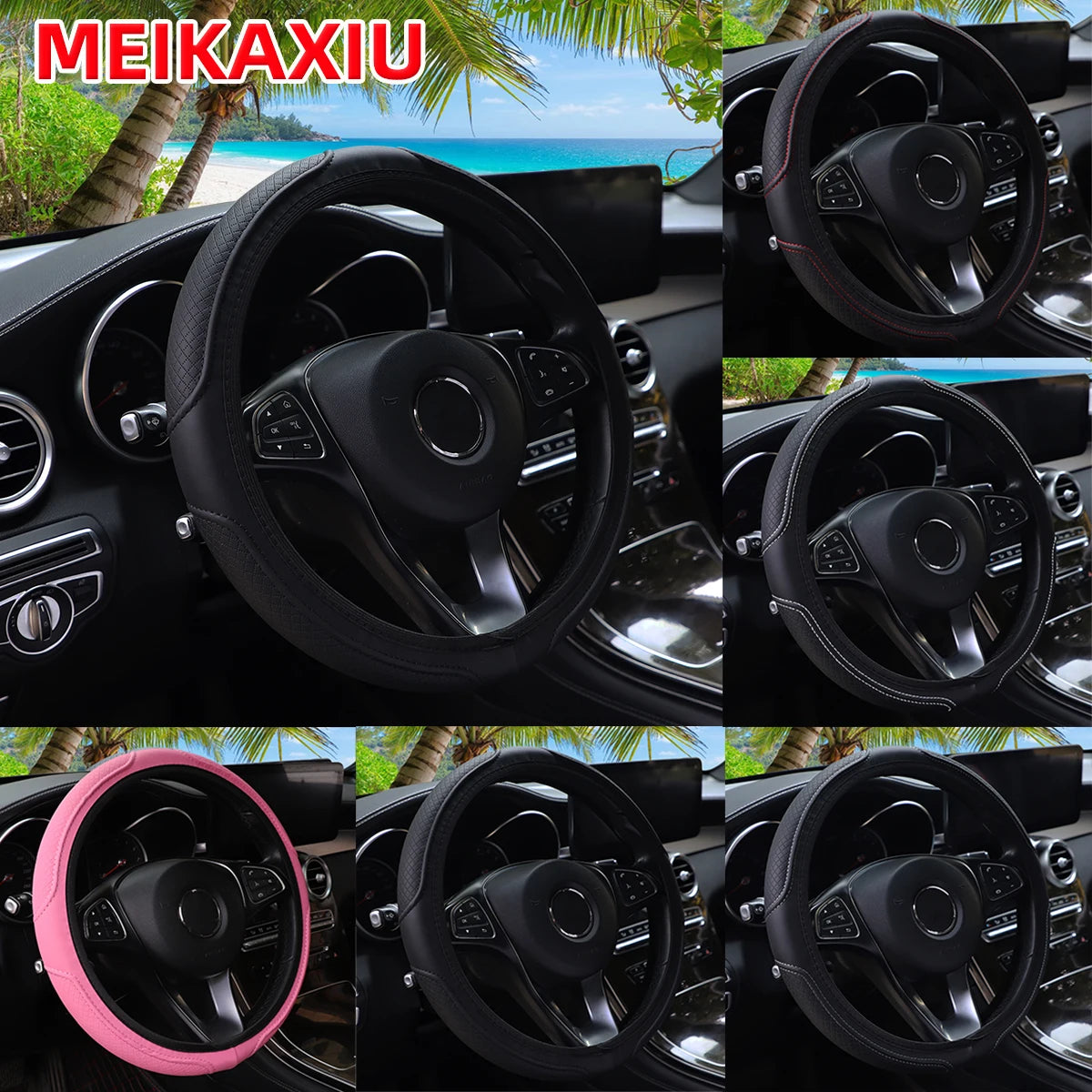 PU Leather Embossed Steering Wheel Cover 14.5-15 Inch Round Rimless Design for All Se alternate view