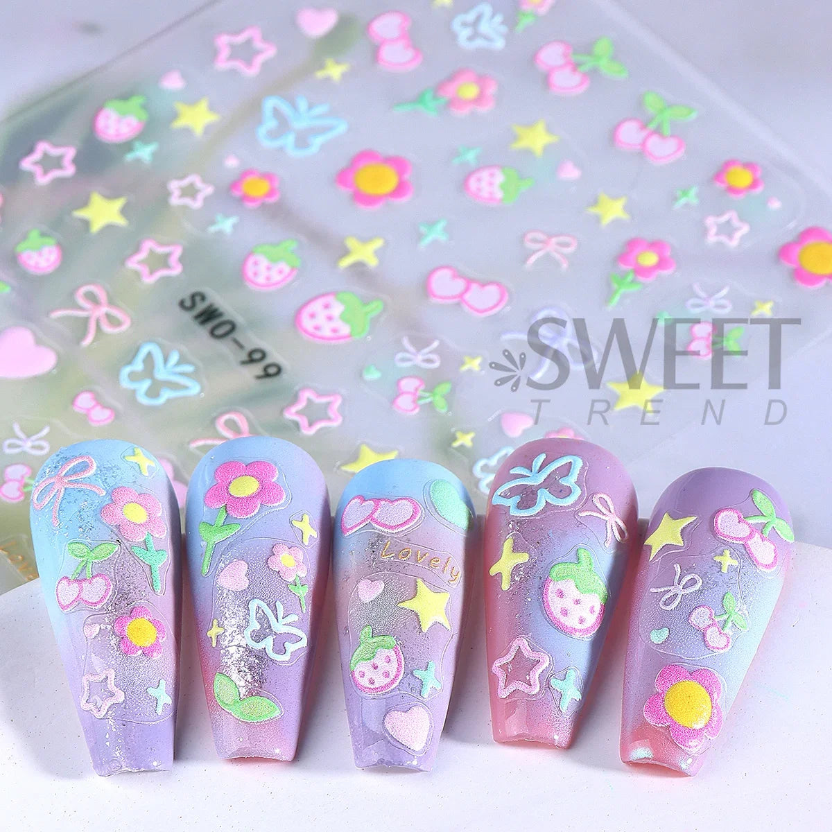 2pcs Sweet Element Nail Art Stickers Simple Flower Heart Cherry Strawberry Kawaii Dec lifestyle view