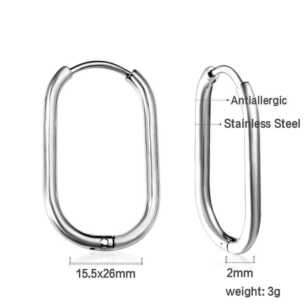 LUXUKISSKIDS Fashion Oval Hoop Earrrings Stainless Steel Elliptic Shape Silver/Gold Color 20MM Big Round Clips Smooth Mental Ear