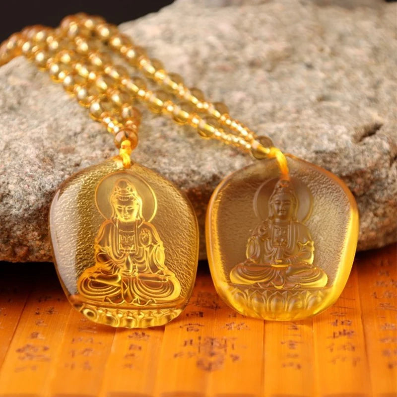 Handcrafted Buddhist Mala Bead Necklace | Stone Buddha Pendant detail view