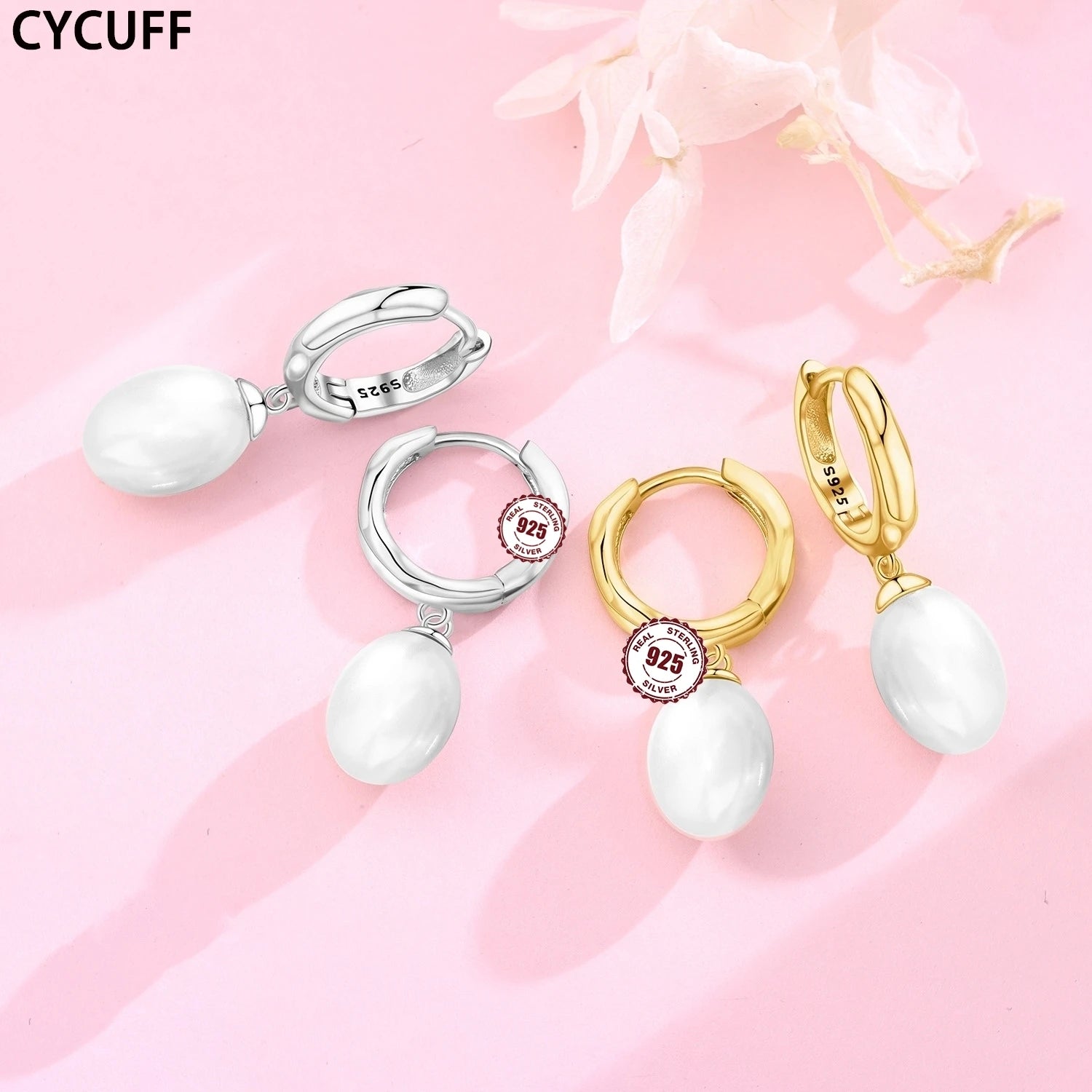 925 Sterling Silver Simple Pearl Earrings Jewelry Hoop Earrings Zircon Stud Earrings F close-up view