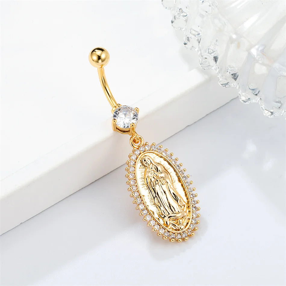 Internal Thread Titanium Navel Rings Dangle CZ Cross Jesus Mother Golden Belly Pierci alternate view