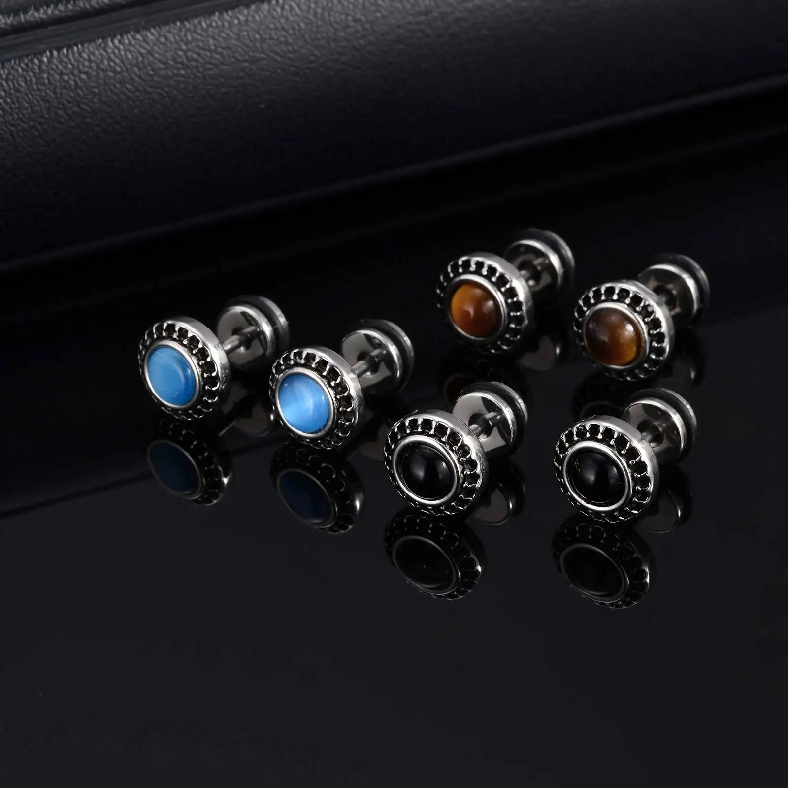 Men's Tiger Eye Stone Stud Earrings | Natural Gemstone Punk Earrings for Men lifestyle view
