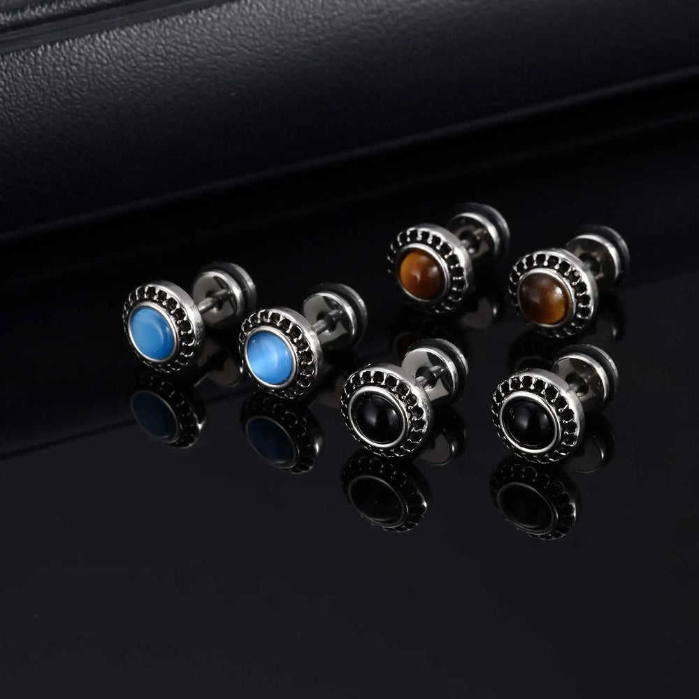Men's Tiger Eye Stone Stud Earrings | Natural Gemstone Punk Earrings for Men lifestyle view