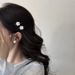 2pcs Sweet Fashion Korean Style Pearl Flower Clip Womens Bangs Clip Elegant Designed Duckbill Hair Rhinestone Accessory Pair Set
