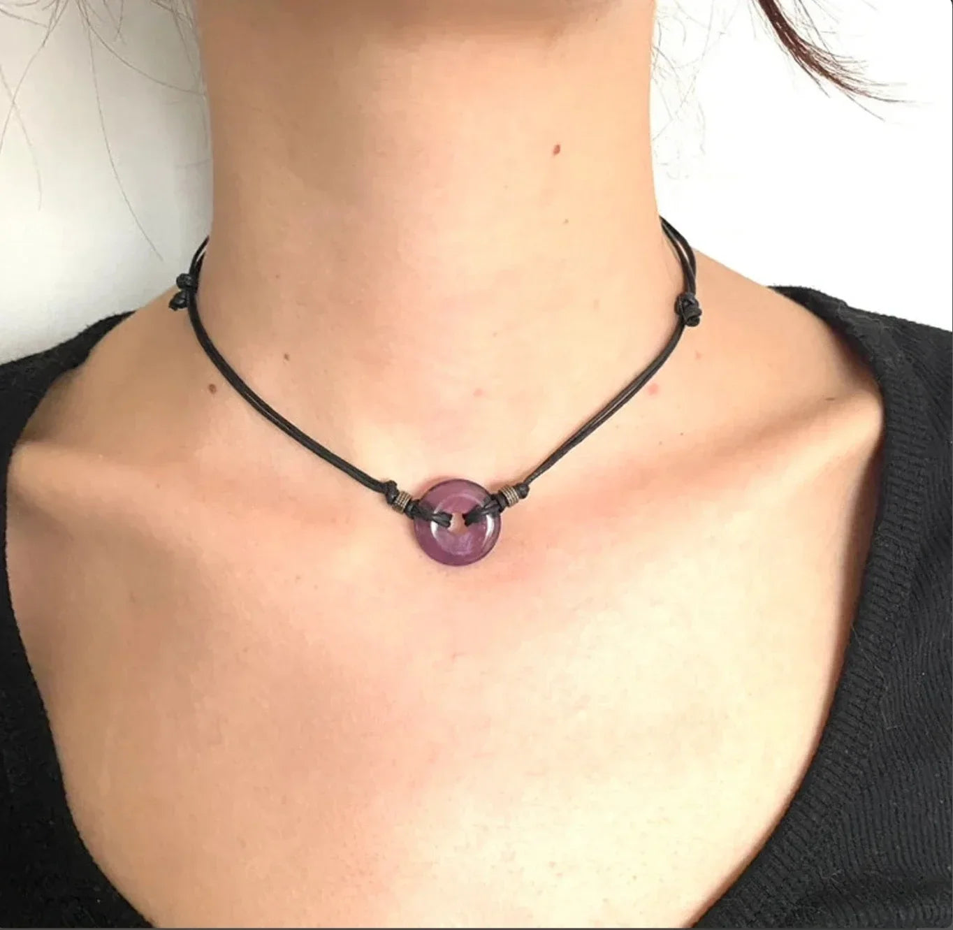 Amethyst Choker, Black Adjustable Necklace on Cotton Cord, Gemstone Gift for A Gothic Teen