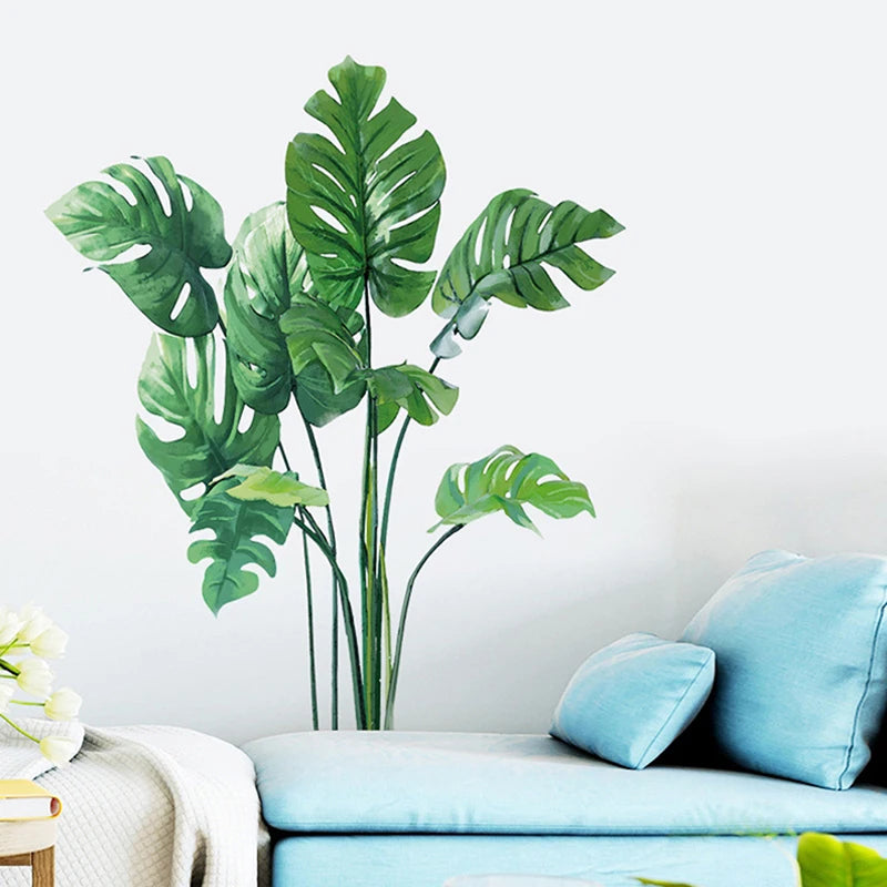 Large Tropical Green Plant Leaves Wall Stickers | Home Room Decor Palm Decal detail view
