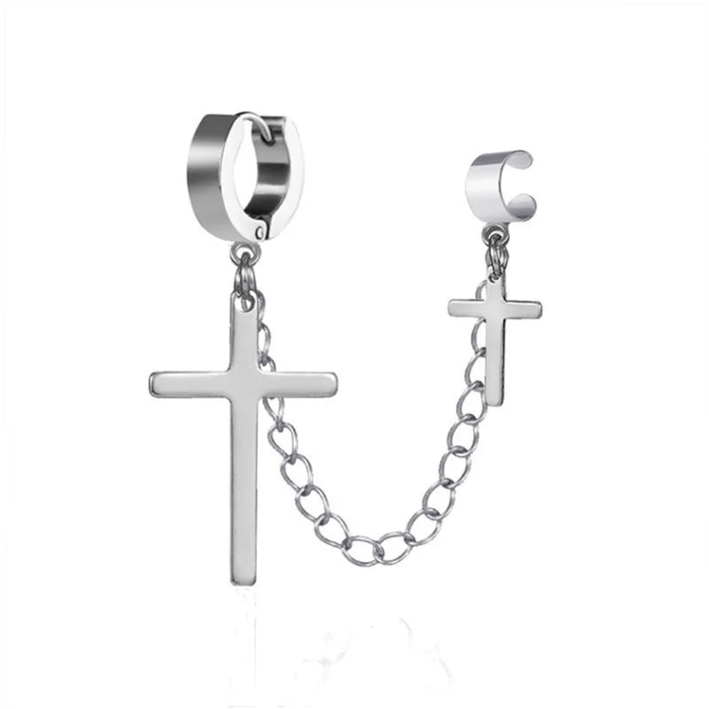 EVISPOL Gothic 2 Punk Cross Tassel Fake Earrings Cuff Clip On Metal Chain Earrings additional angle