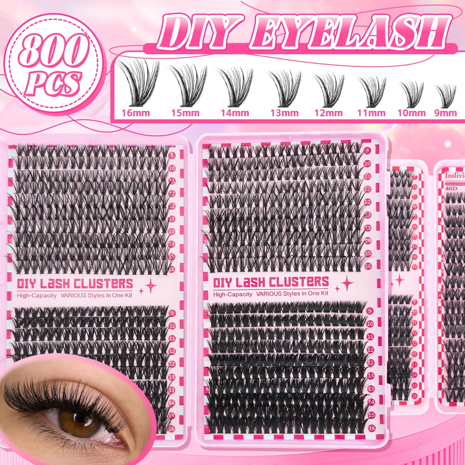 740/800PCS Eyelash Cluster Kit Mixed Lengths Ultra-Light Waterproof Lash Extensions Natural Daily Makeup or Dramatic Glam Look