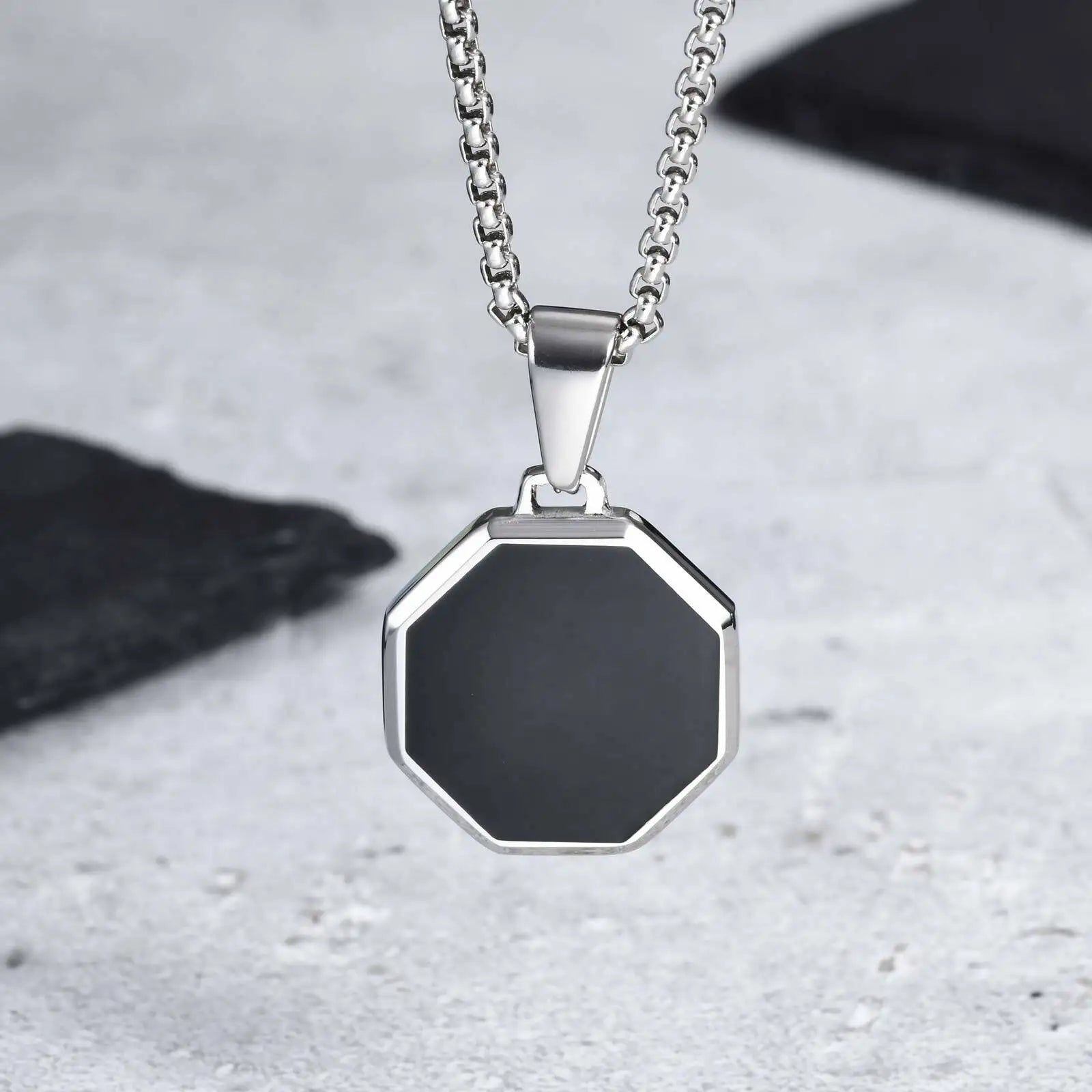 Men's Geometric Square Necklace | Black Enamel Rectangle Pendant with Rope Chain additional angle