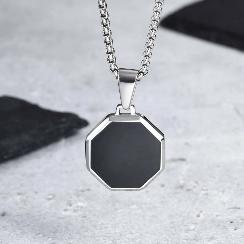 Men's Geometric Square Necklace | Black Enamel Rectangle Pendant with Rope Chain additional angle