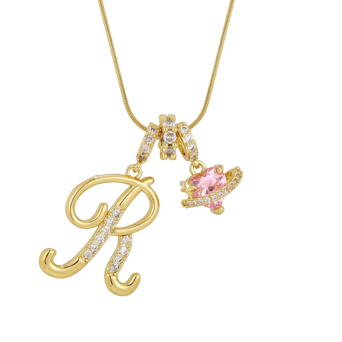 Fashion Letter Necklace for Women Pink Zircon Heart-shaped Pendant Suitable for Girls close-up view
