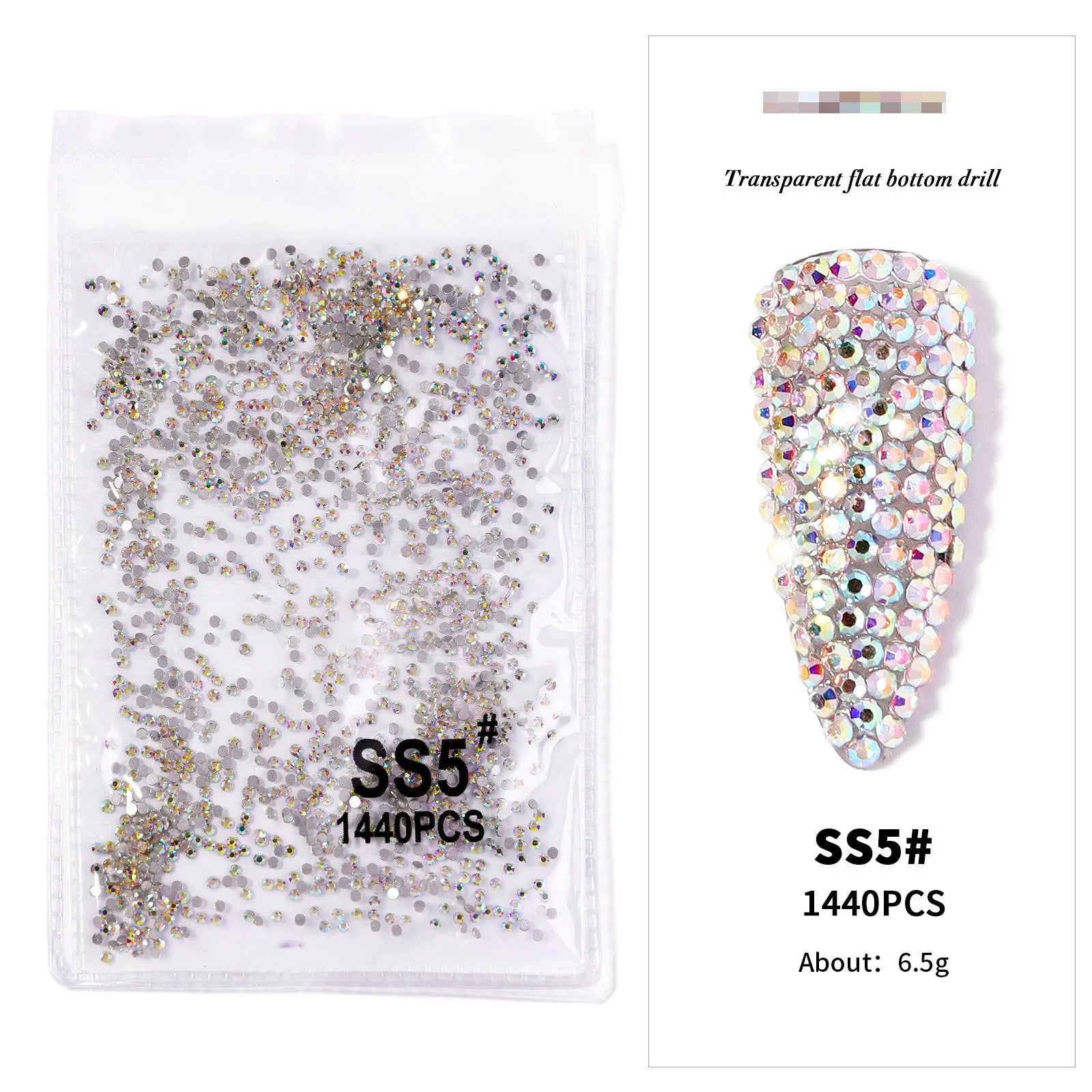 AB/Clear 1 Bag Nail Rhinestones Sizes SS3-SS12 1440 pcs Nail Art Decoration Flatback G close-up view