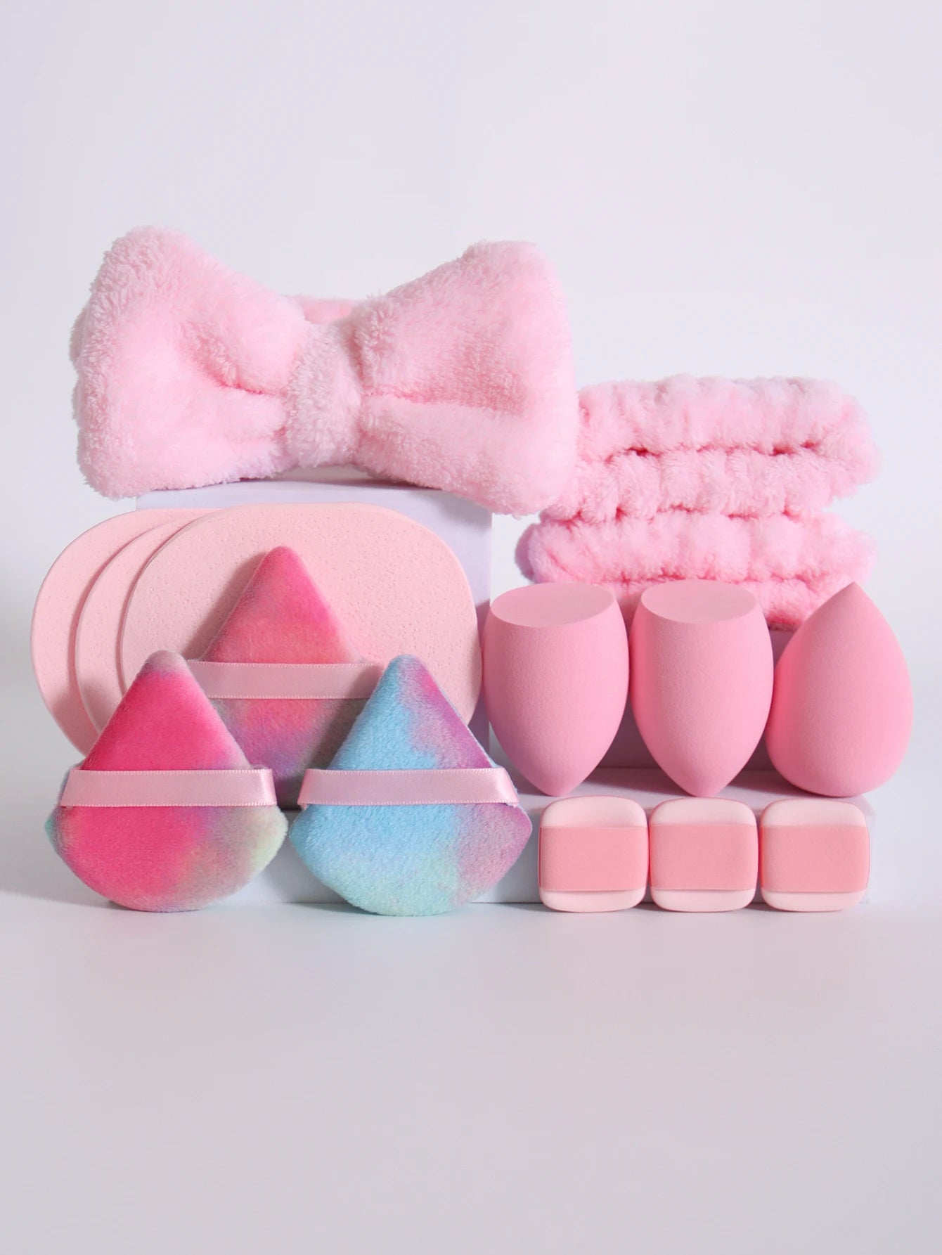 15Pcs Multi-Colored Fluffy Headband and Makeup Sponge Set | Sweet Style Beauty Kit lifestyle view