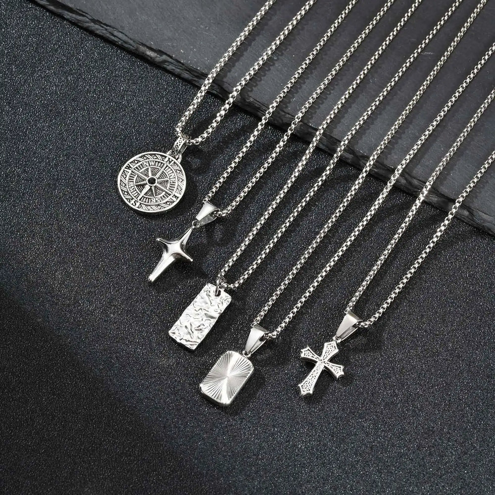 Men's Silver Color Geometric Pendant Necklace, Non Fading Stainless Steel Compass Neck close-up view