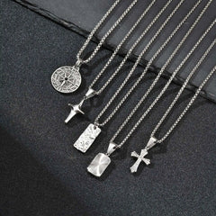 Men's Silver Color Geometric Pendant Necklace, Non Fading Stainless Steel Compass Neck close-up view