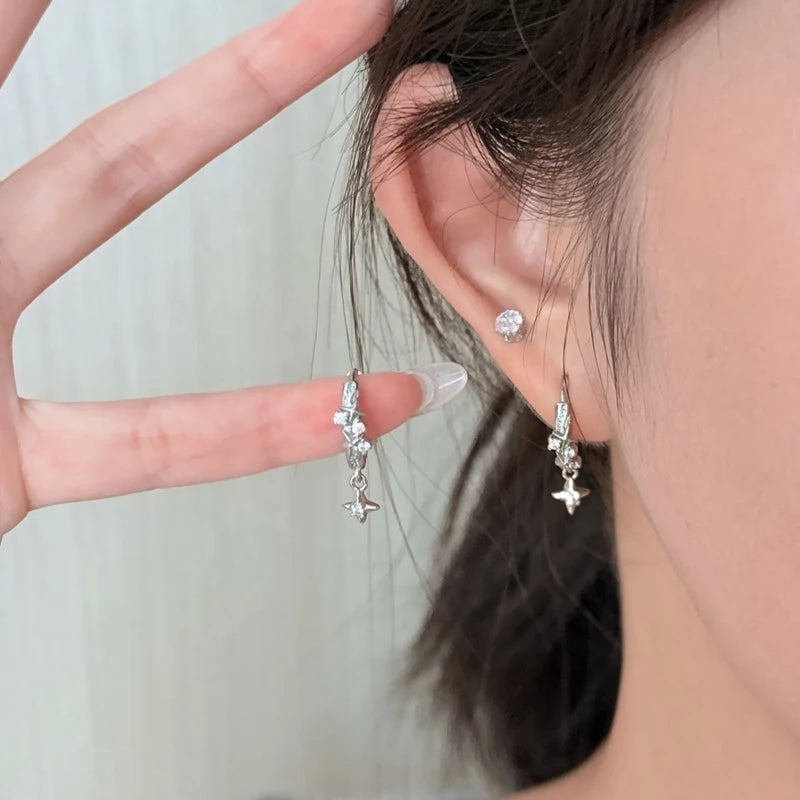 Metal Four Star Hoop Earrings for Women | Simple Zircon Geometric Circle Earrings lifestyle view