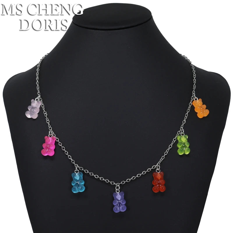 Handmade 33 Styles Colors Cute Resin Gummy Bear Chain Necklaces, Candy Color Pendant For detail view