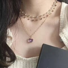 Elegant Women's Double Layer Heart Pendant Necklace | Synthetic Zirconia Collarbone J alternate view