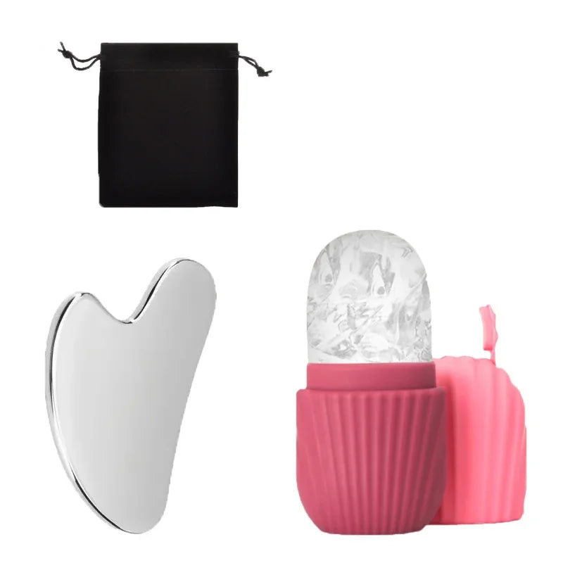 Ice Face Roller and Gua Sha Set | Stainless Steel Facial Massage Tools close-up view